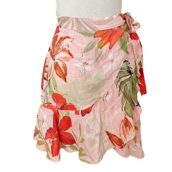 Zara Linen Wrap Mini Skirt Ruffle Tropical Palm Floral Lily Pink S - Picture 3 of 7